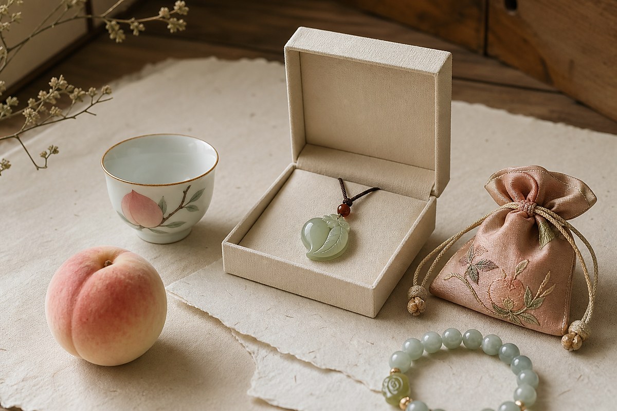 Jade peach pendant, porcelain peach cup, fresh peach, silk pouch, and jade bracelet for peach symbol gifts