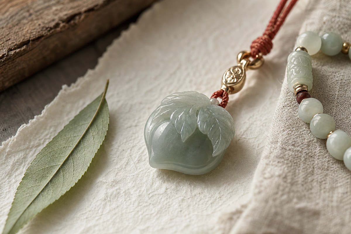 Pale jade peach pendant with carved leaves, bracelet segment, gold connector, and cinnabar cord