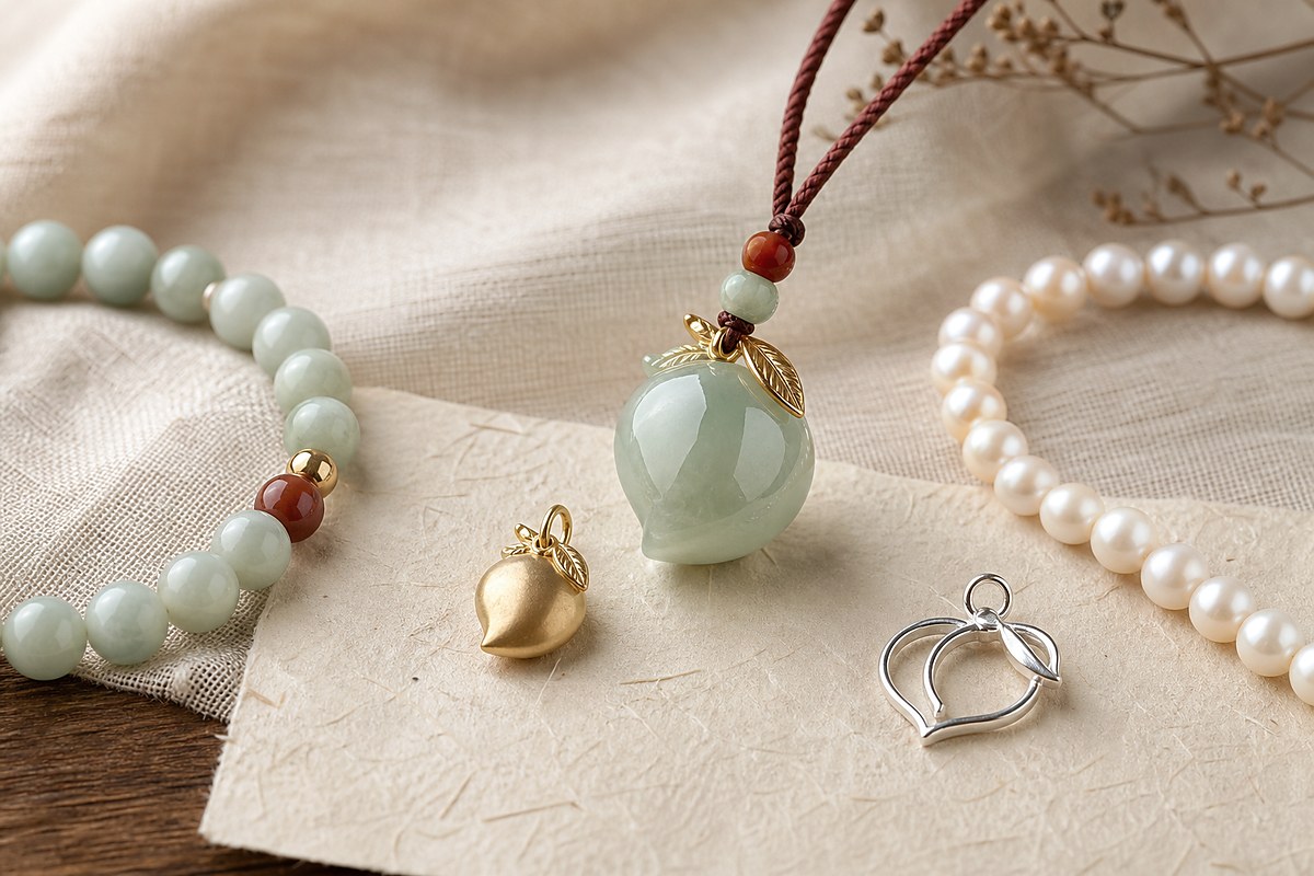 Jade peach pendant, gold peach charm, pearl strand, silver charm, and jade bracelet for peach jewelry