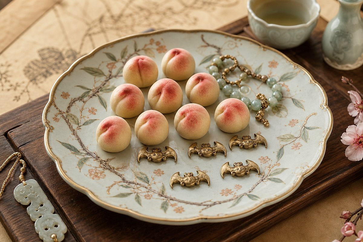 Nine peach motifs with small blessing charms and jade beads for Nine Peaches and Five Blessings