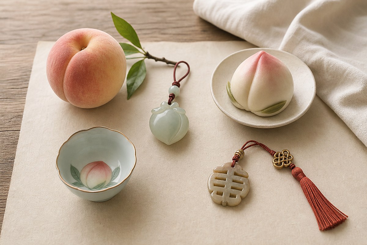 Fresh peach, jade peach pendant, Shoutao bun, porcelain cup, and Shou charm for longevity peach meaning