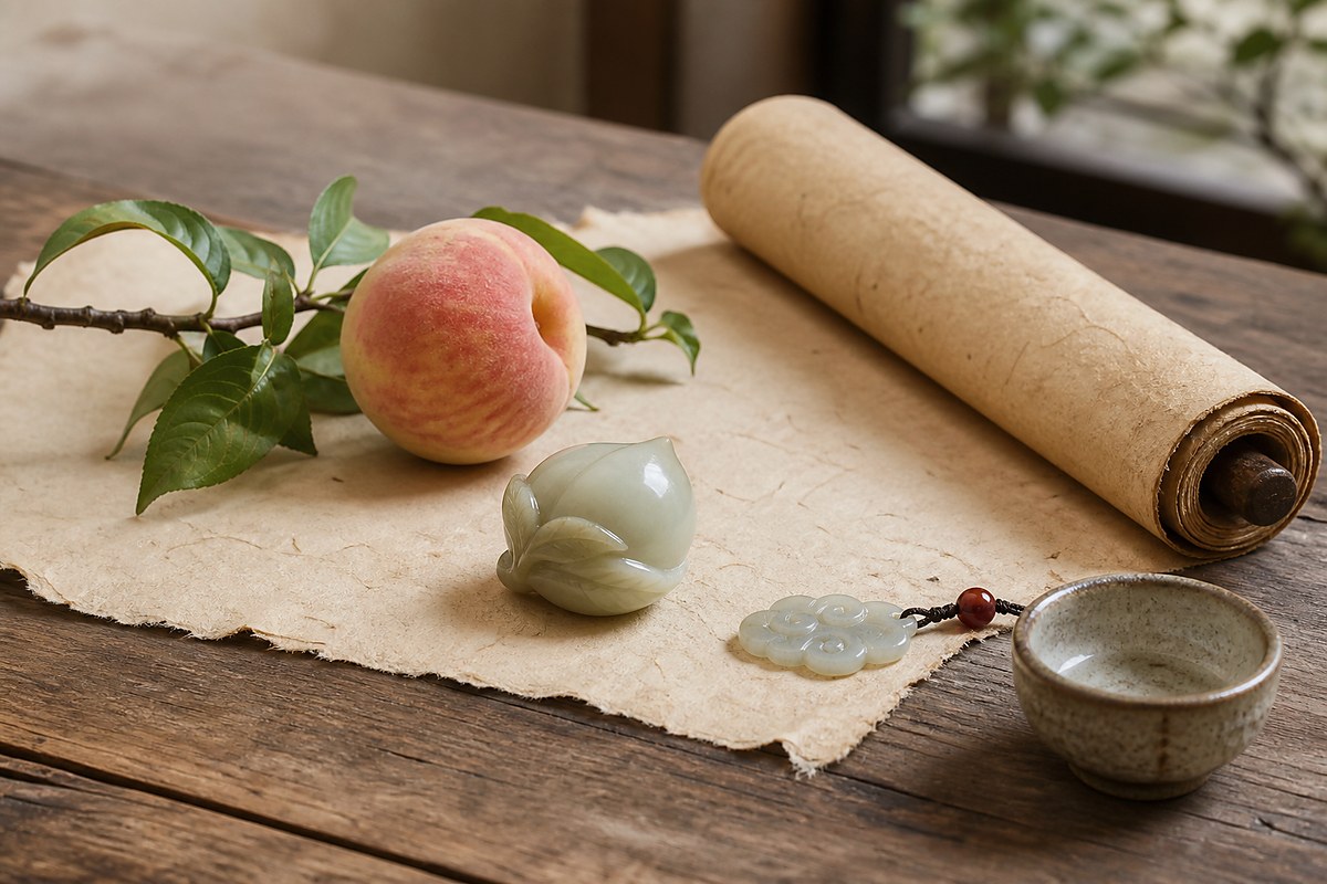 Fresh peach branch, jade peach carving, cloud-shaped jade, and blank scroll for longevity symbolism
