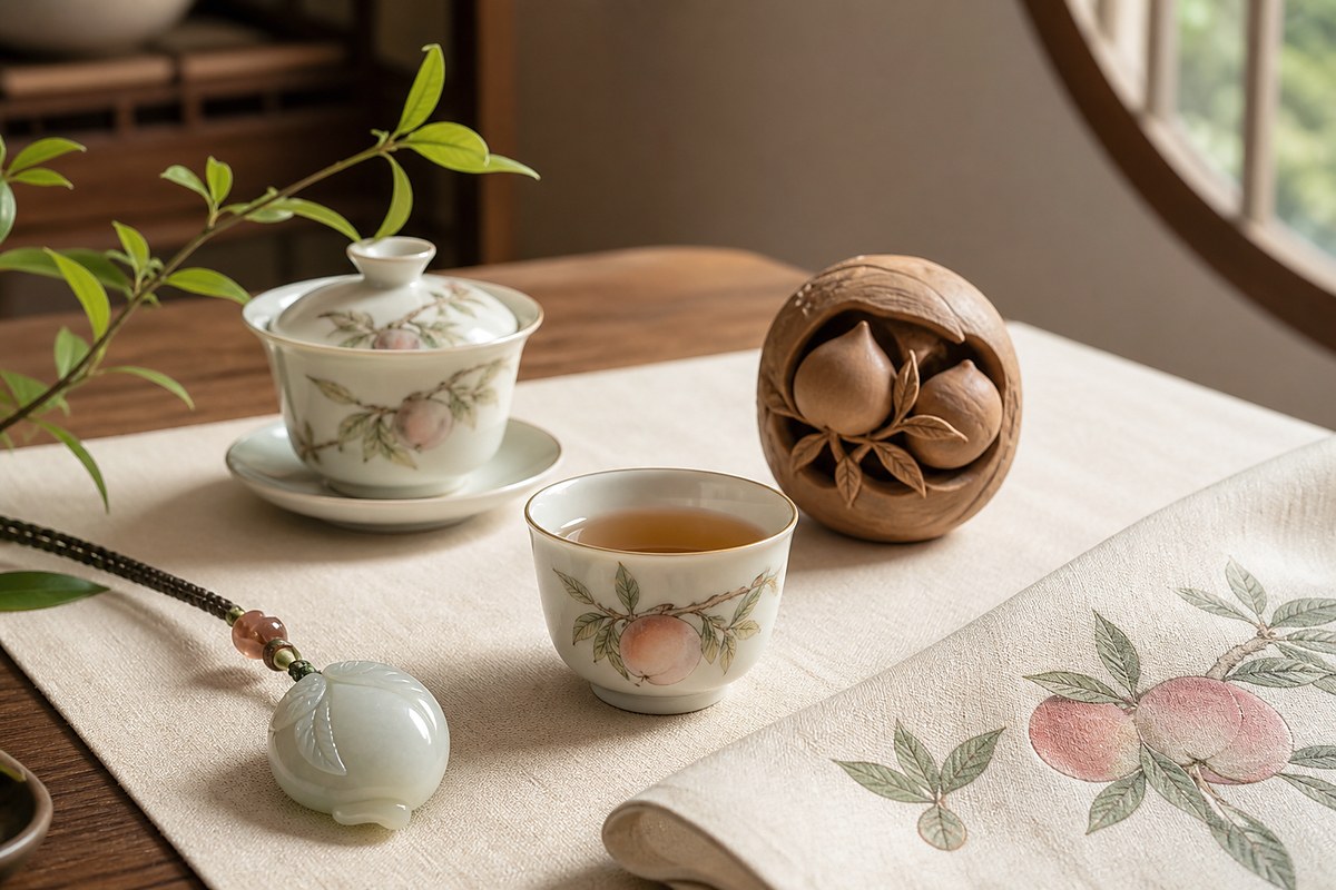 Peach motif tea cup, jade peach charm, textile, and home object on natural wood