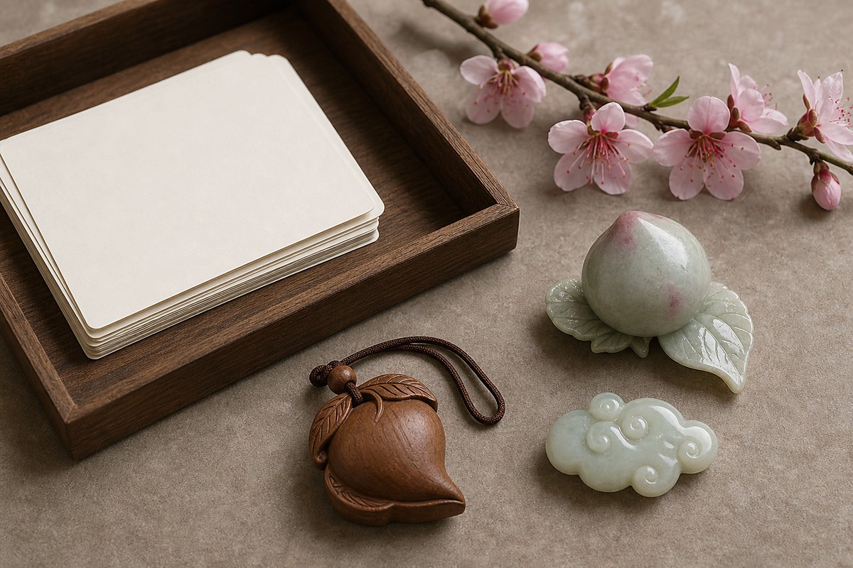 Separate longevity peach, peach wood, peach blossom, cloud jade, and blank cards for topic boundaries