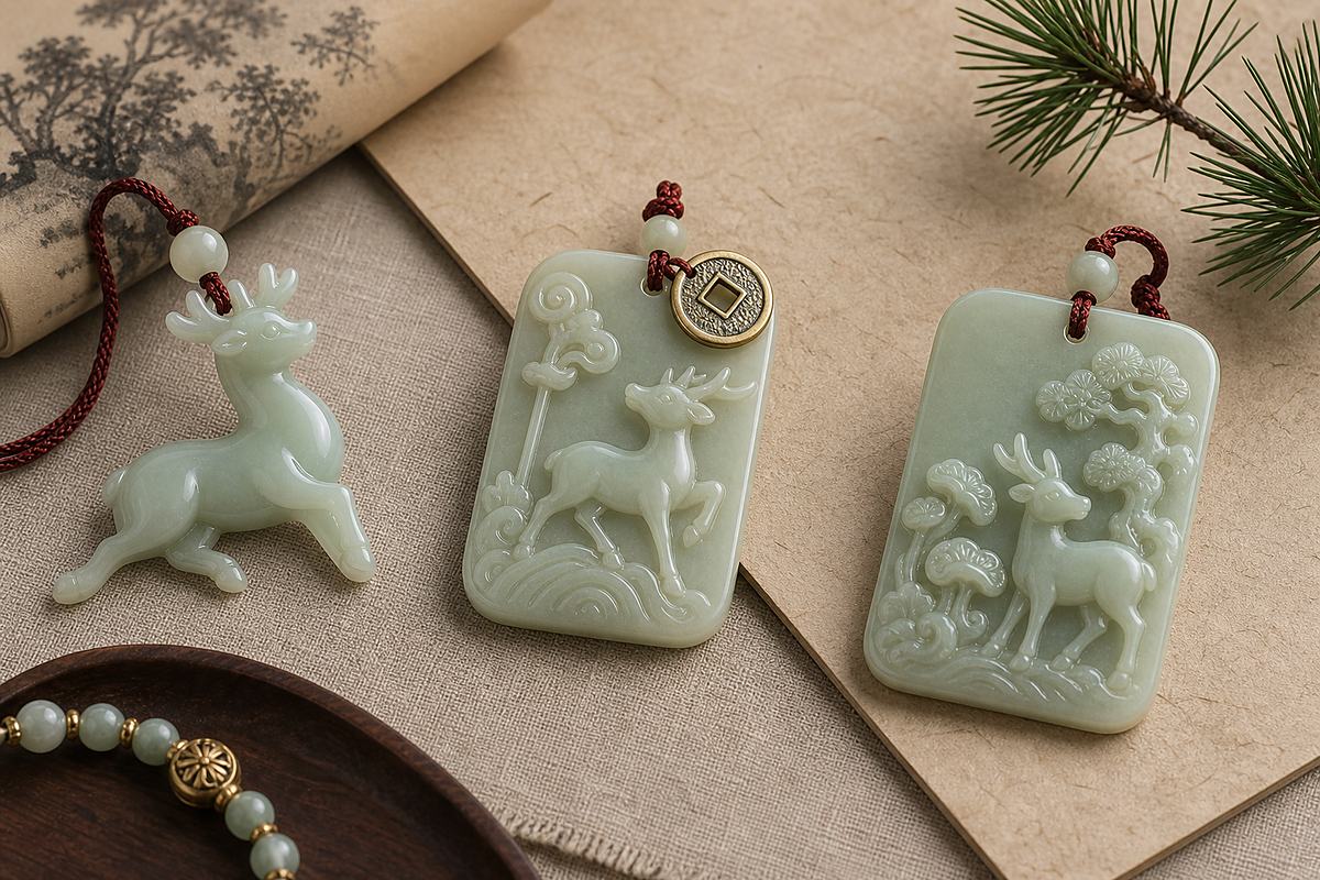 Three jade deer pieces for career, longevity, and daily wear on warm paper and linen