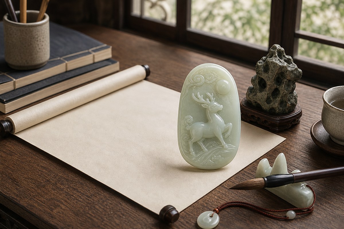 Jade deer token with blank scroll, brush, ceramic cup, and scholar stone for classical deer references