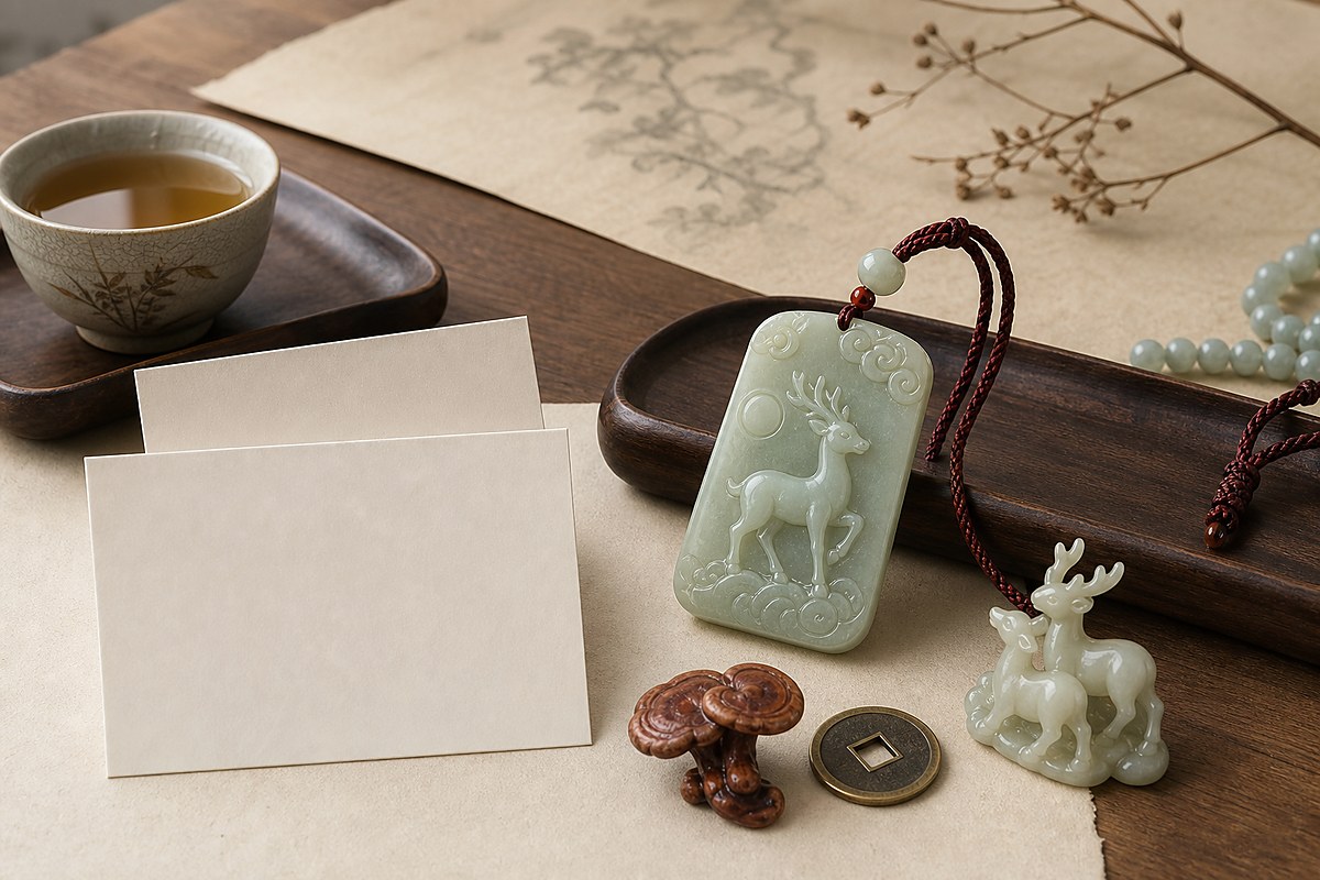 Jade deer pendant with coin, Lingzhi, paired deer charm, blank cards, tea cup, and jade beads for deer meaning questions