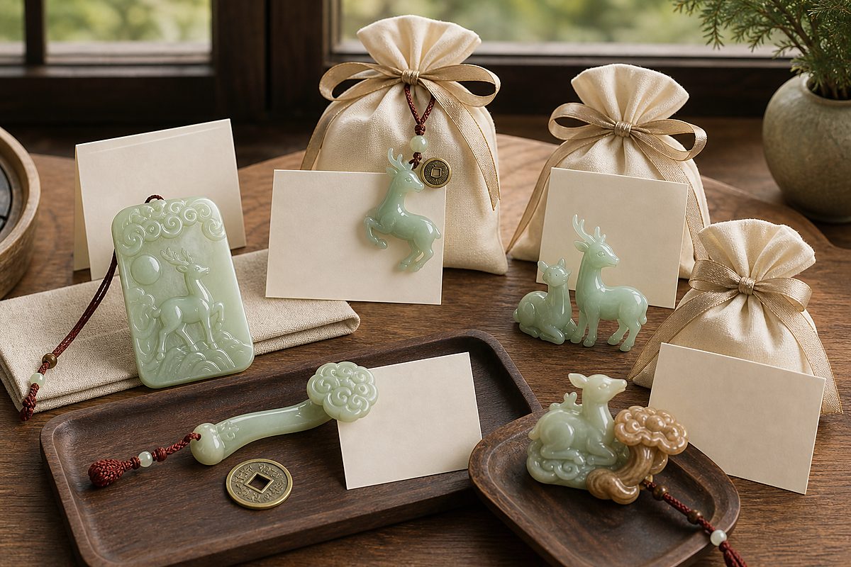 Jade deer pendant, paired deer charm, deer with Lingzhi plaque, coin, Ruyi, cream pouches, and blank cards for deer motif gifts