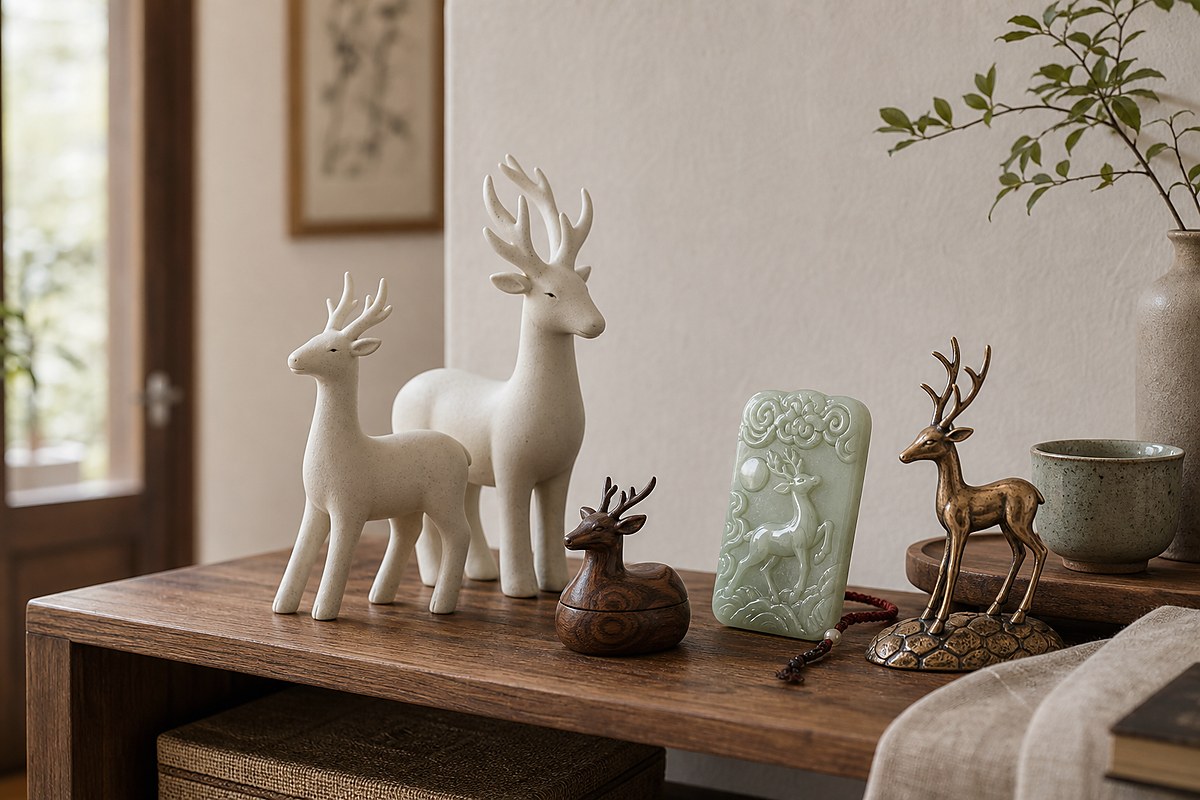 Matte ceramic deer pair, walnut wood deer object, copper deer ornament, and jade deer plaque on a warm interior shelf