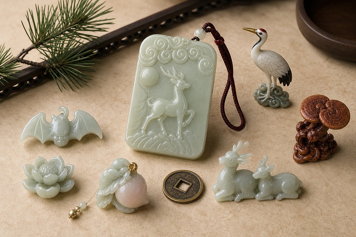 Central jade deer with bat charm, crane token, pine, Lingzhi, lotus, peach, coin, and paired deer charm