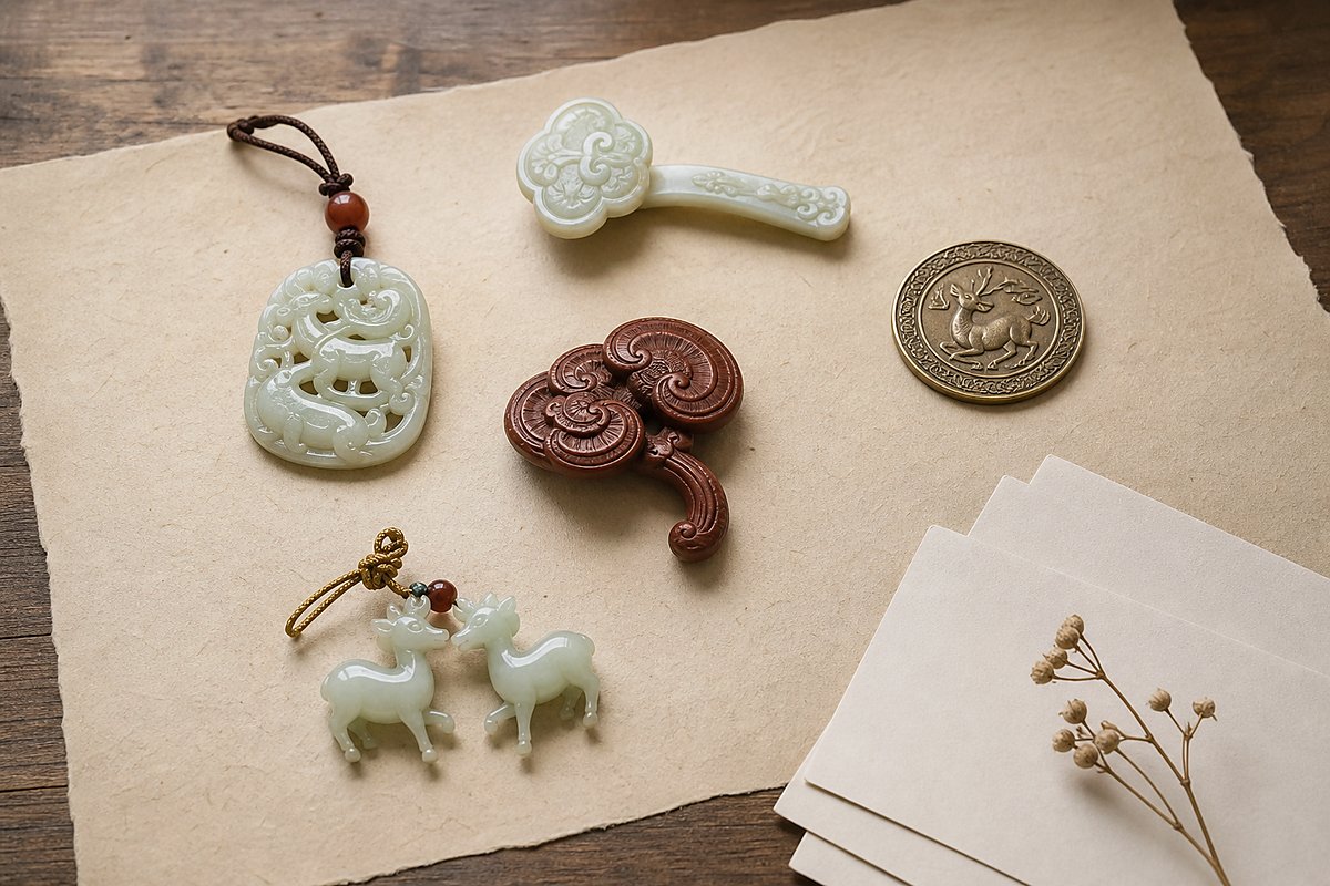 Jade deer pendant with Ruyi, coin, Lingzhi, paired deer charm, and blank cards for deer symbolism