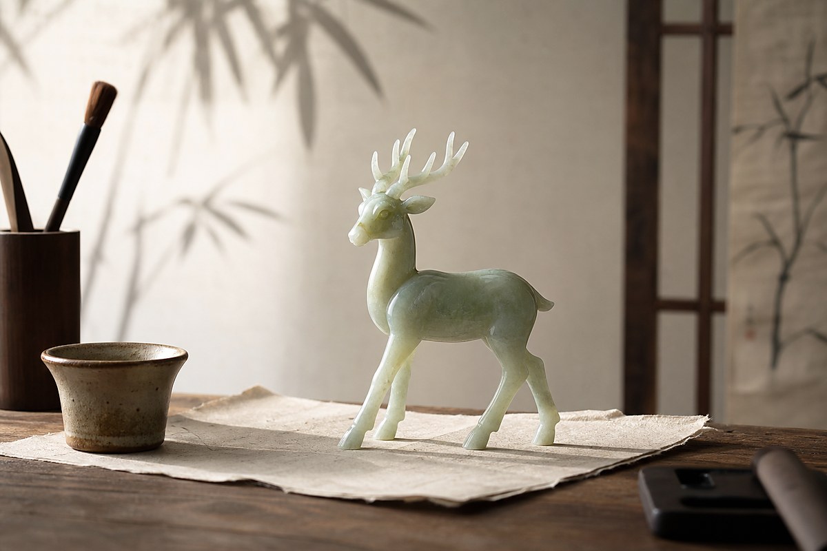 Carved jade deer on a scholar desk with bamboo shadow and ceramic cup for auspicious deer symbolism