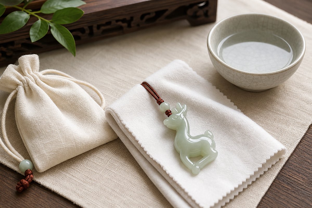 Jade deer pendant with soft cloth, clean water bowl, cream pouch, and cinnabar cord for daily care
