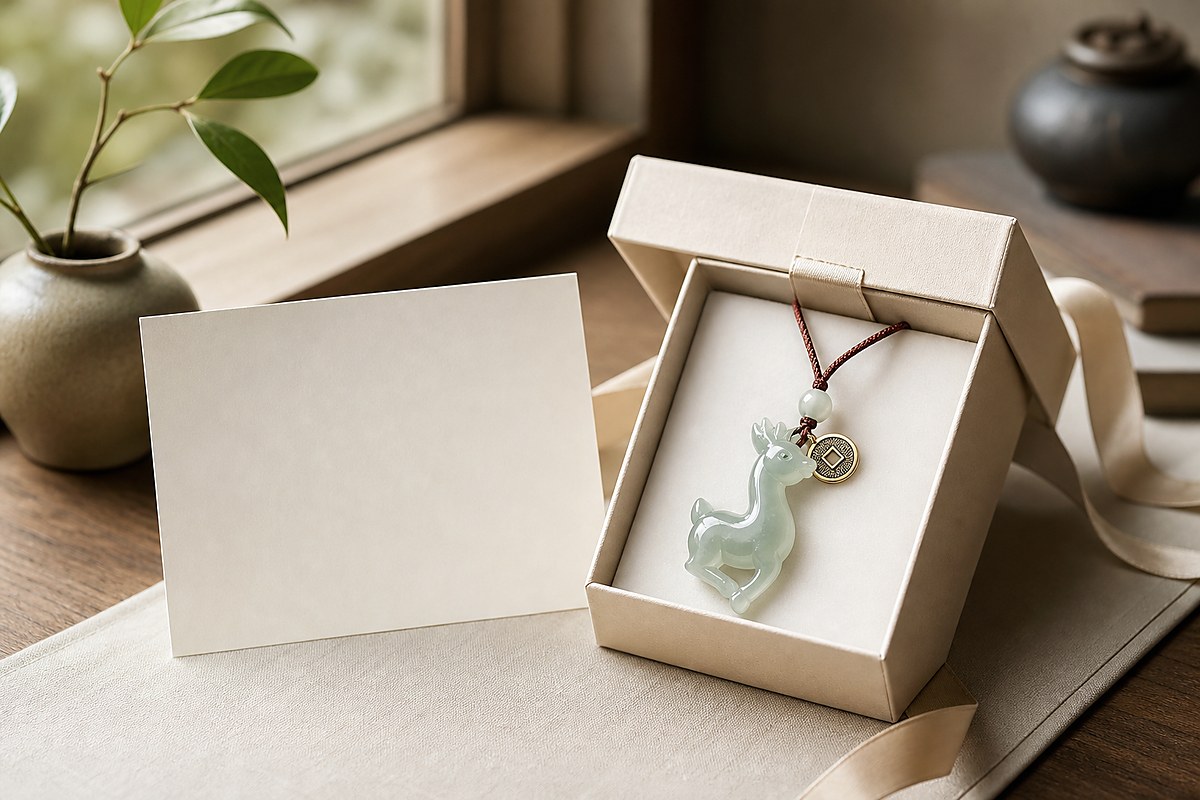 Jade deer pendant in a cream gift box with blank card, coin charm, and cinnabar cord for career blessing