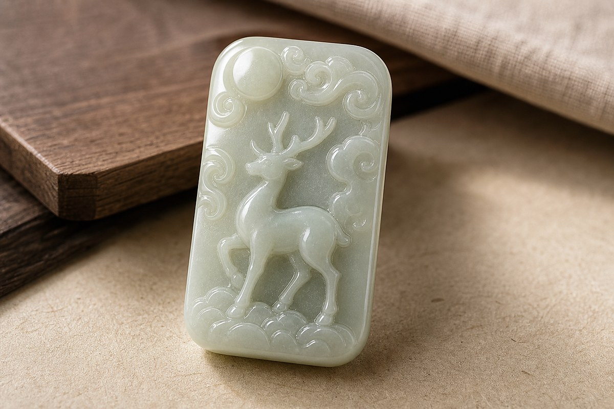 Close view of pale jade deer pendant with carved antlers, eyes, legs, and rounded relief