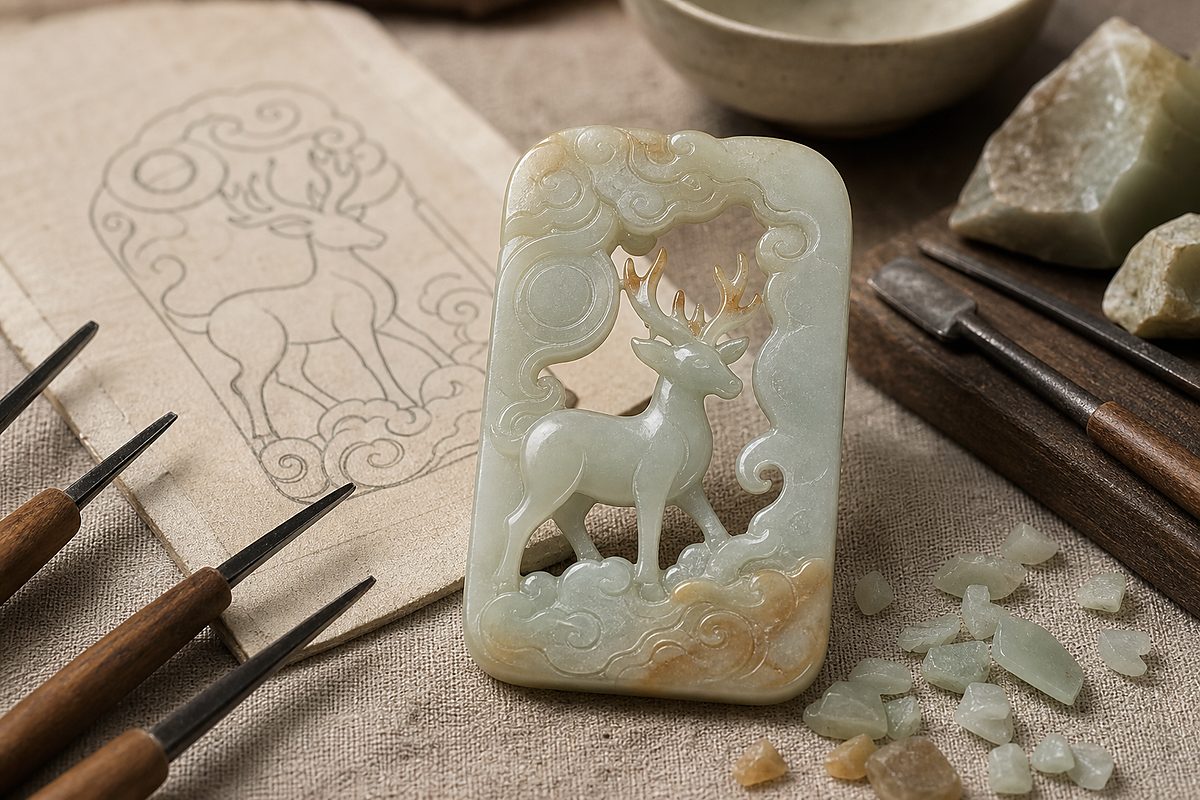 Unfinished jade deer plaque with carving tools, incised lines, openwork hint, and warm skin-color jade patch