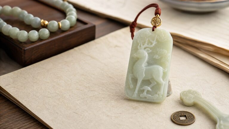 Carved jade deer pendant with Lingzhi, coin, Ruyi, and cinnabar cord for deer meaning in Chinese culture