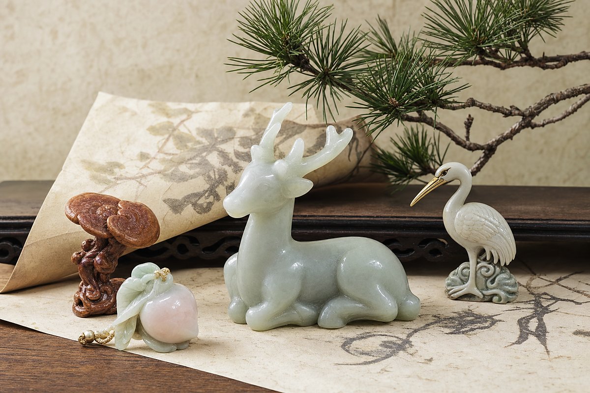 Jade deer with Lingzhi, peach charm, pine branch, and crane token for longevity symbolism