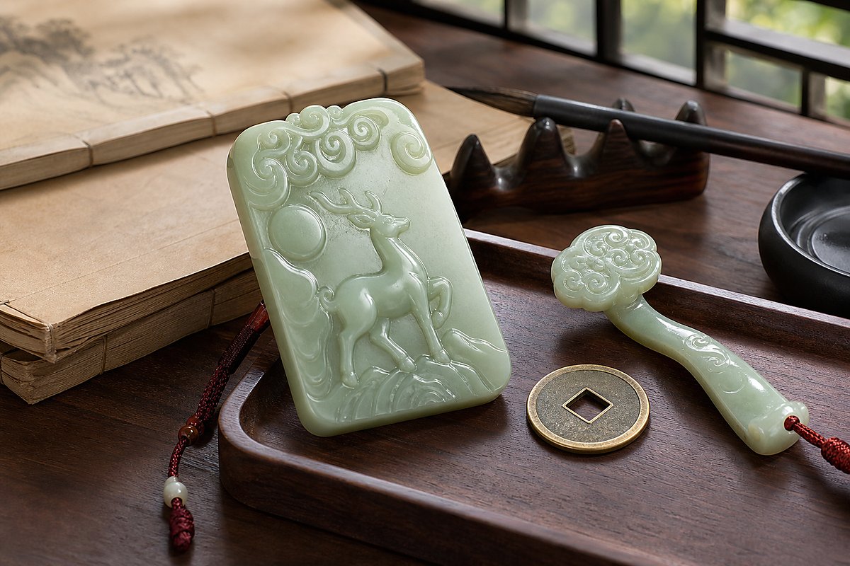 Jade deer plaque with old coin, Ruyi-shaped jade, and brush rest for Lu career blessing symbolism