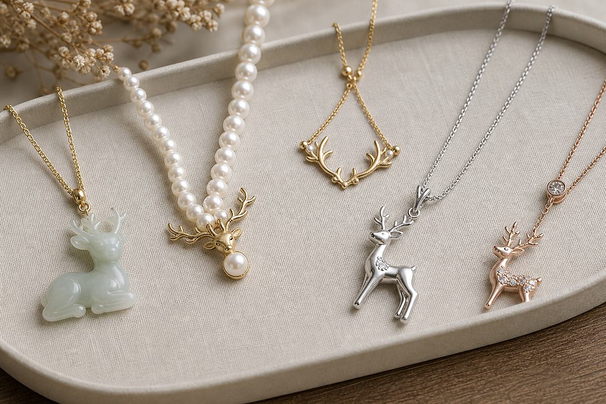 Jade deer pendant, pearl deer charm, gold antler chain, platinum deer necklace, and rose-gold deer charm