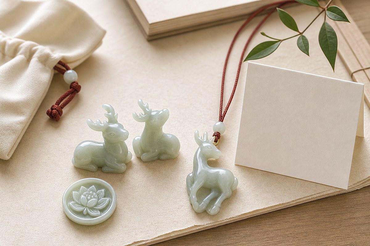 Paired jade deer with lotus token, smooth deer pendant, blank note card, cream pouch, and cinnabar cord