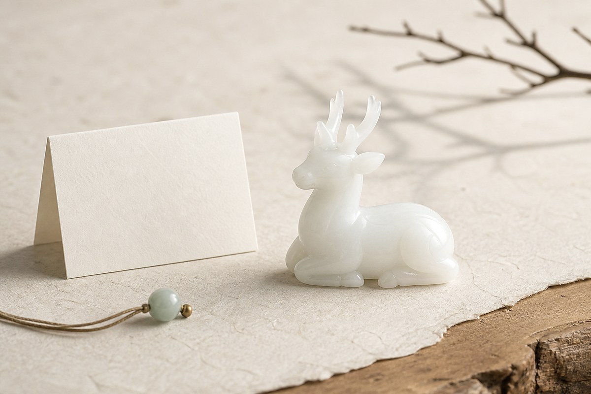 White jade deer carving on parchment with muted jade bead and blank card for white deer omen symbolism