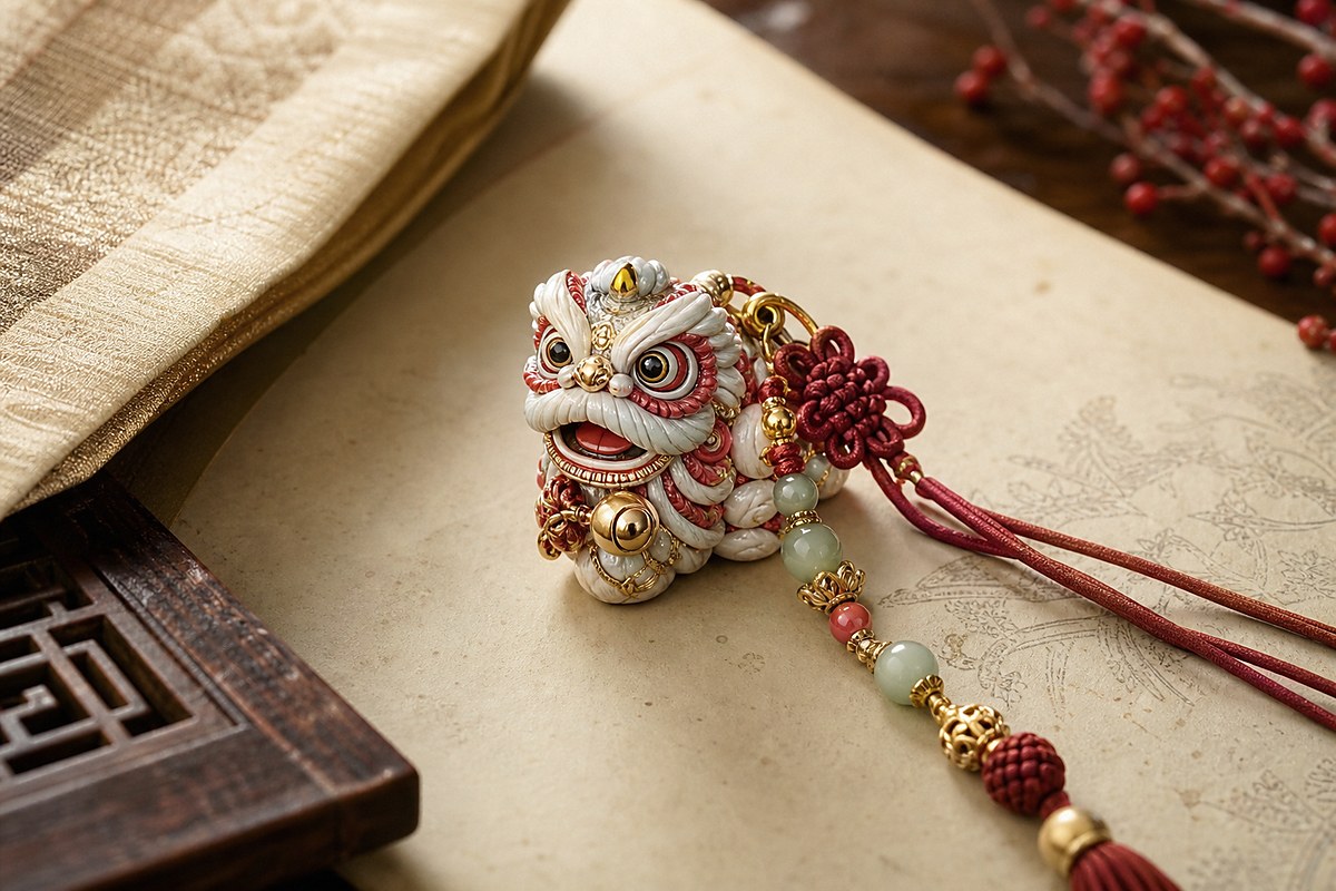 Awakening lion charm with muted jade beads, cinnabar detail, and soft gold accents