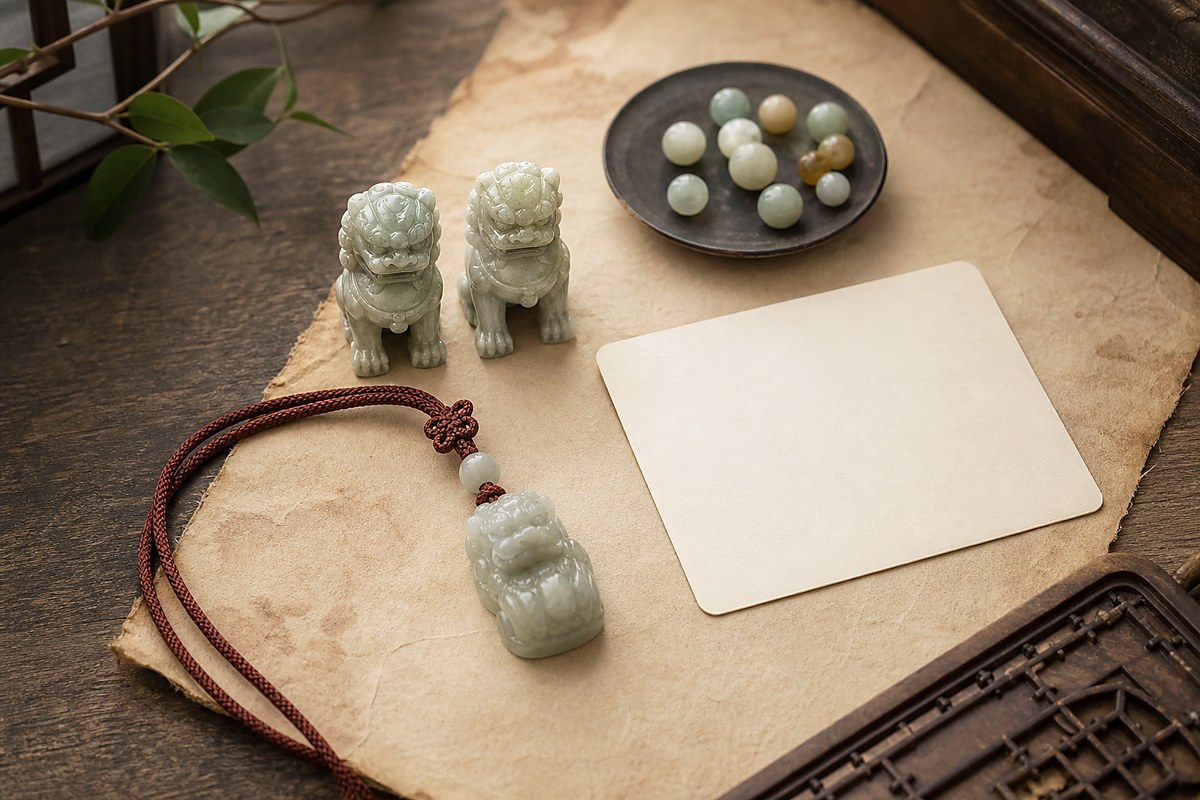 Jade guardian lion pendant, paired stone lions, jade beads, and cinnabar cord for guardian lion meaning