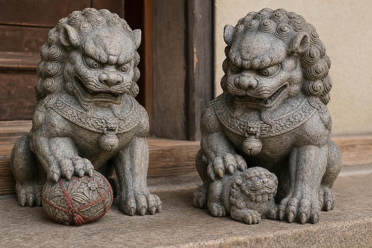 Paired guardian lions with one paw on a ball and one protecting a cub