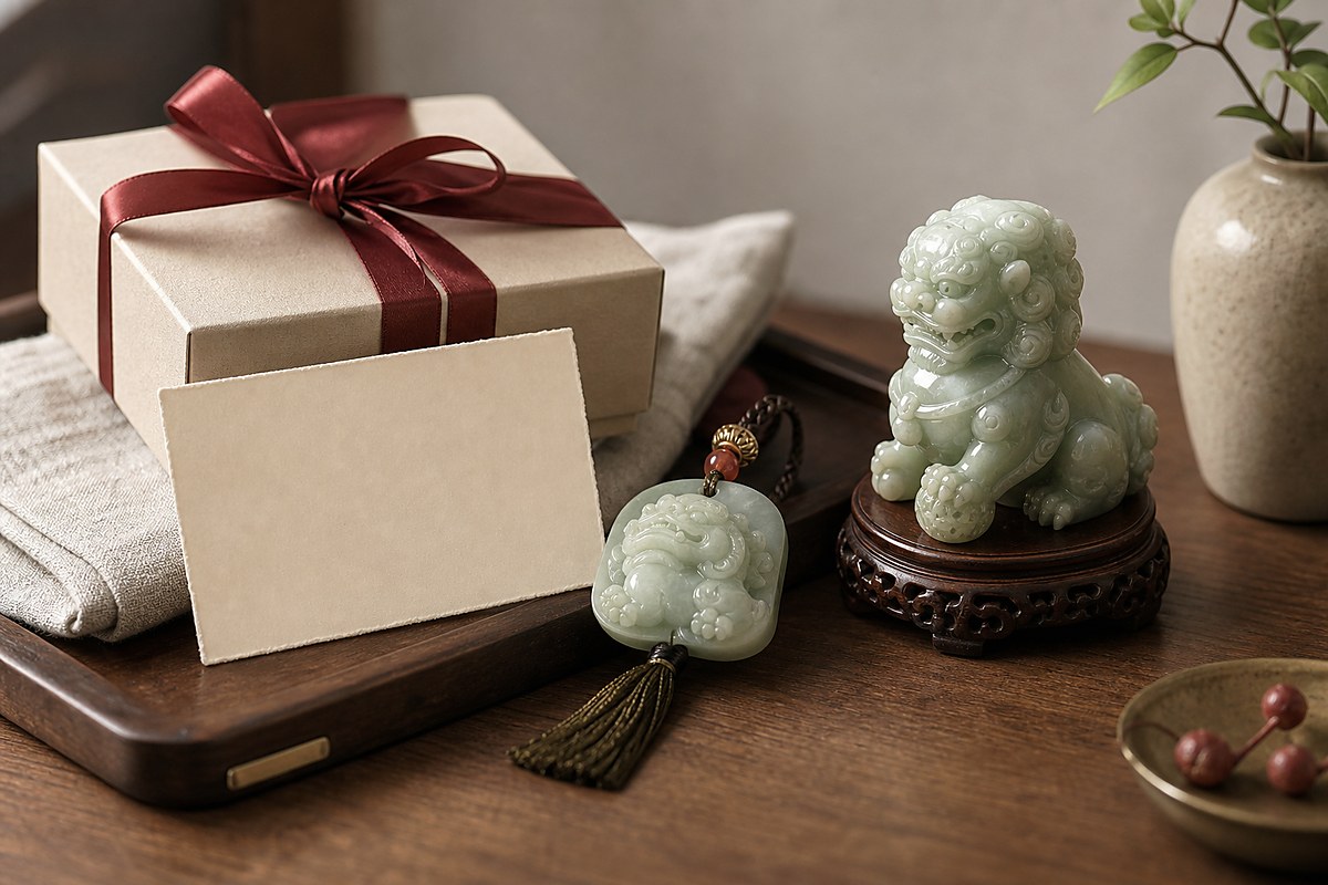 Jade guardian lion desk ornament and pendant presented in a neutral business gift scene