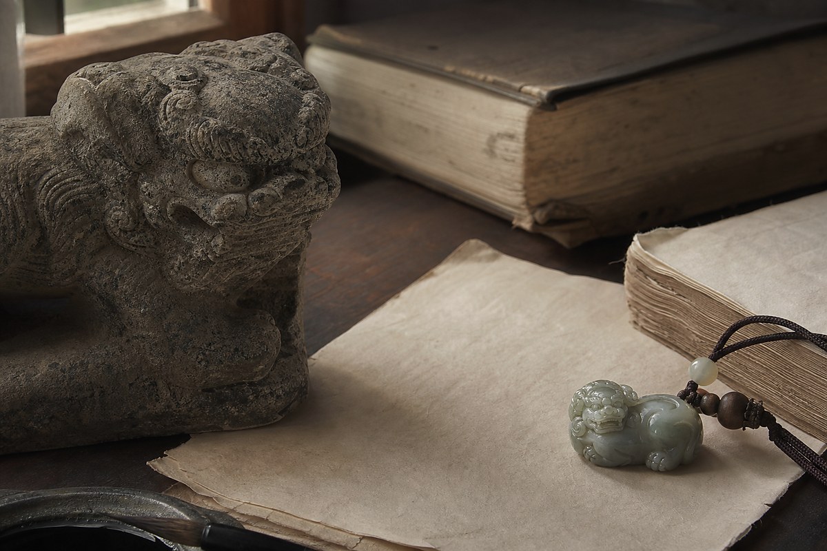 Stone guardian lion carving detail with old paper and jade lion charm for cultural history