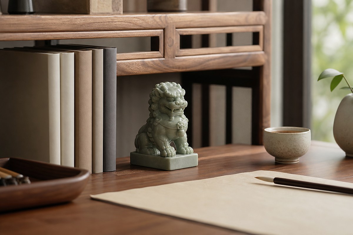Small guardian lion desk ornament placed proportionately beside books, tray, and ceramic cup