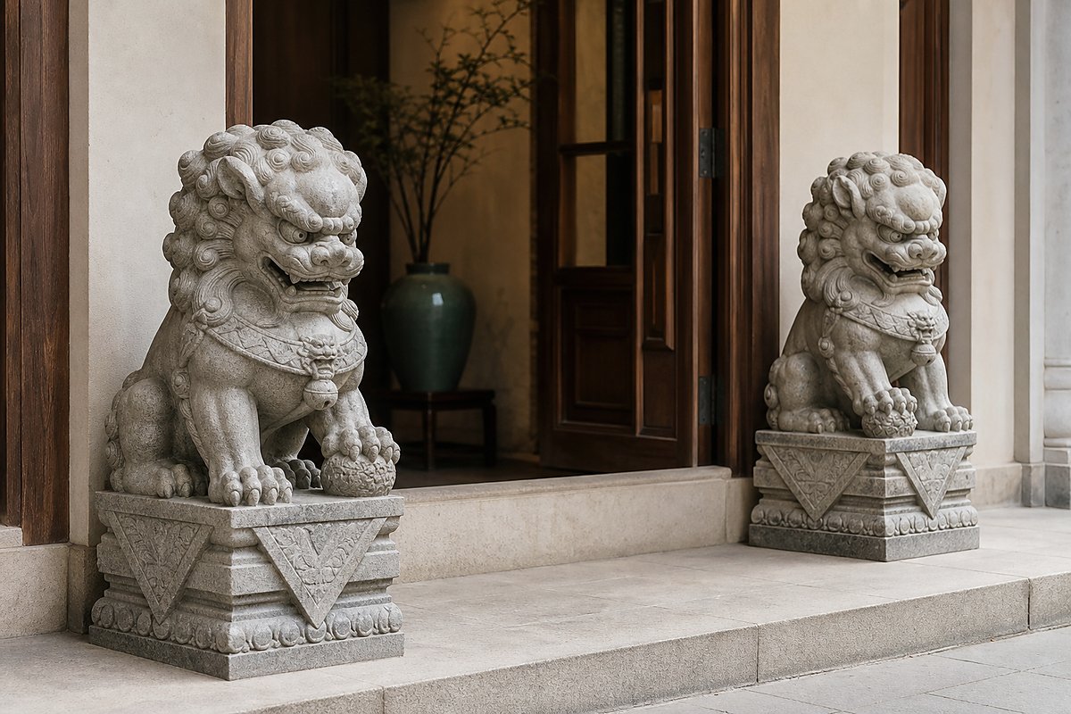 Paired carved stone guardian lions facing outward at a warm wood entryway