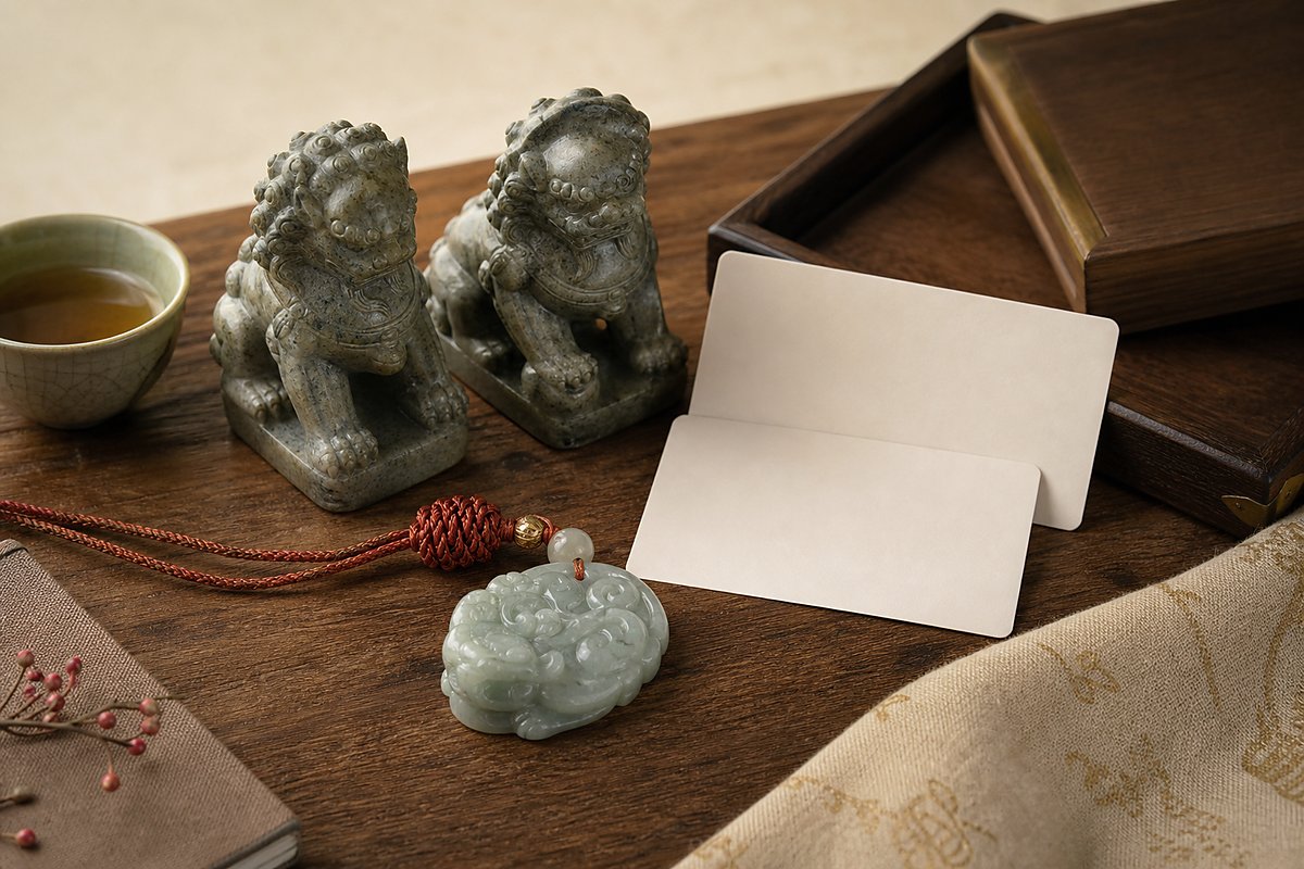 Jade guardian lion pendant, paired stone lions, blank cards, tea cup, and cinnabar cord