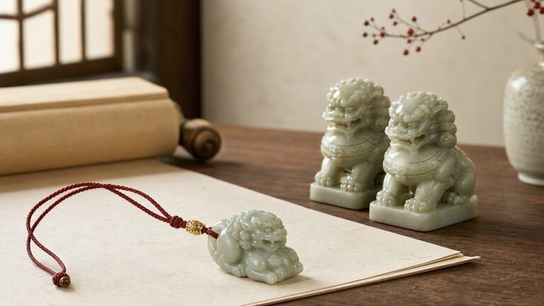 Jade guardian lion pendant with paired stone guardian lions for Chinese guardian lion meaning