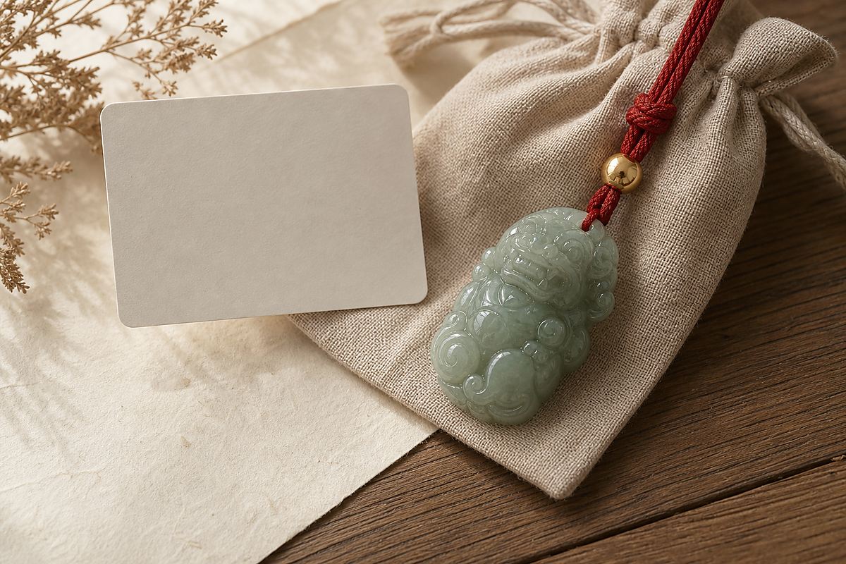 Jade guardian lion pendant with red cord on a linen gift pouch and blank card