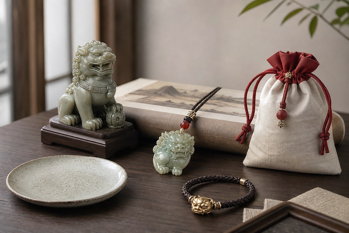 Jade lion pendant, small desk lion ornament, bracelet charm, and gift pouch on a study table