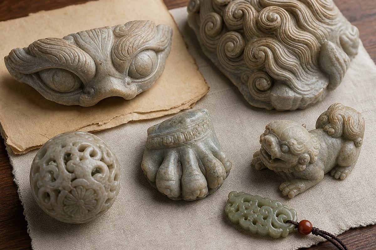 Guardian lion motif details including eyes, mane curls, paw, ball, cub, and jade pendant