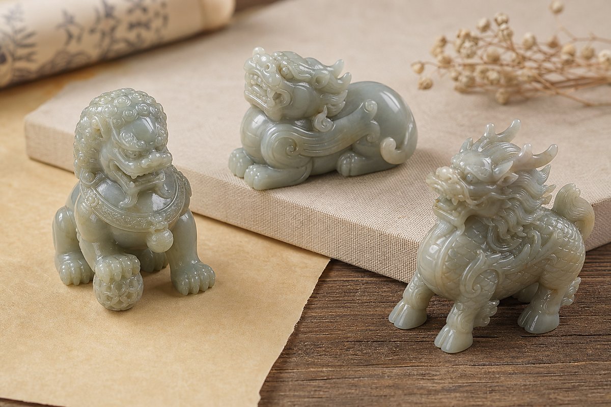 Guardian lion, Pixiu, and Qilin carvings arranged separately on warm parchment