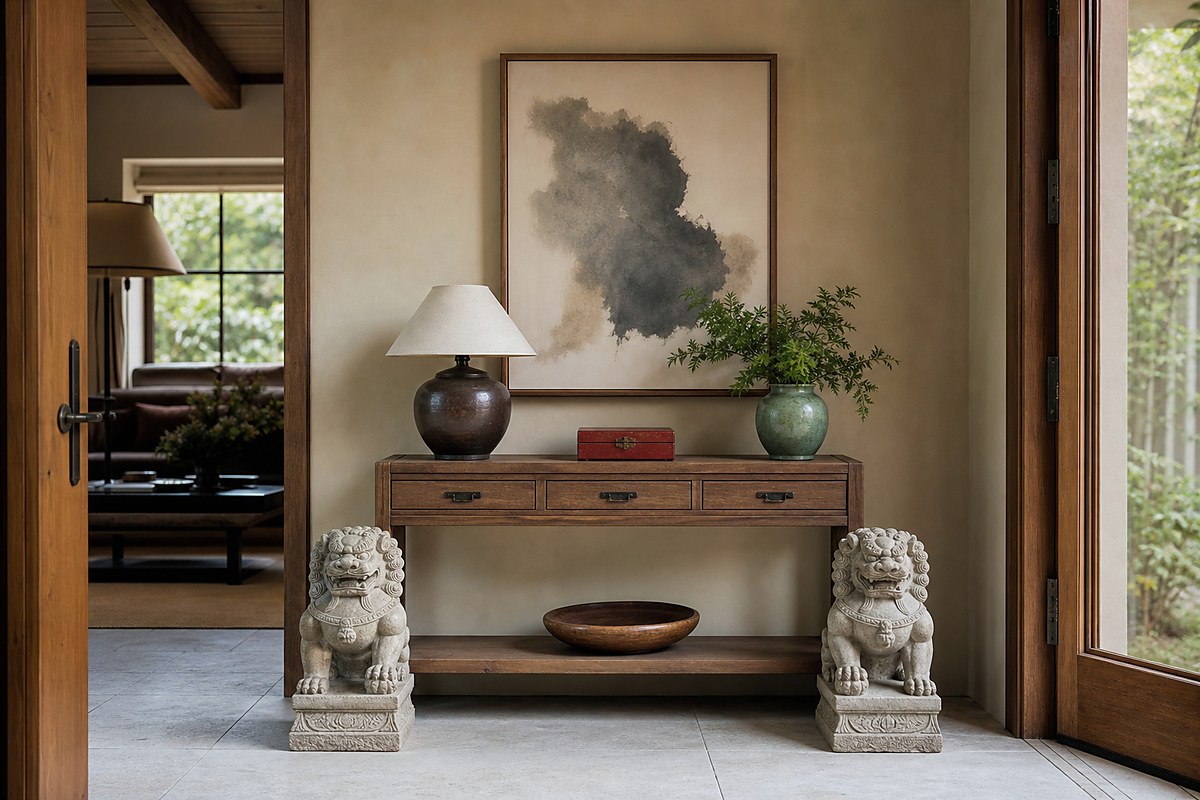 Small paired stone guardian lions placed proportionately at a modern home entry