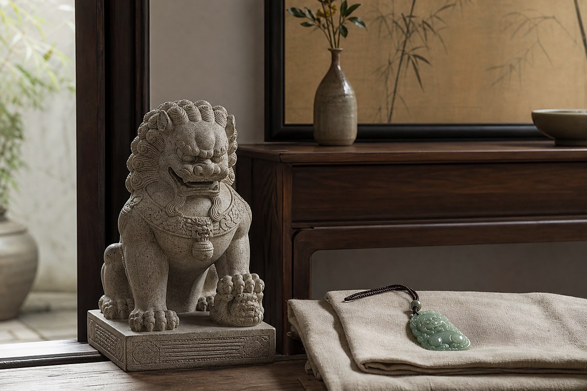 Stone guardian lion near a quiet doorway with jade lion pendant on neutral cloth