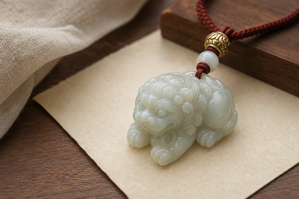 Pale jade guardian lion pendant showing carved eyes, mane, paws, and cinnabar cord