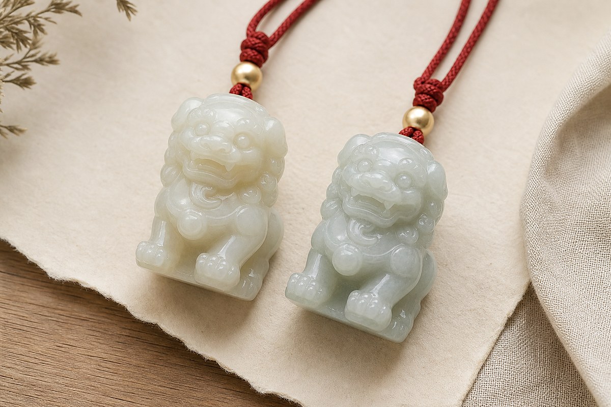 Creamy Hetian-style jade guardian lion pendant beside a brighter muted jadeite-style lion pendant