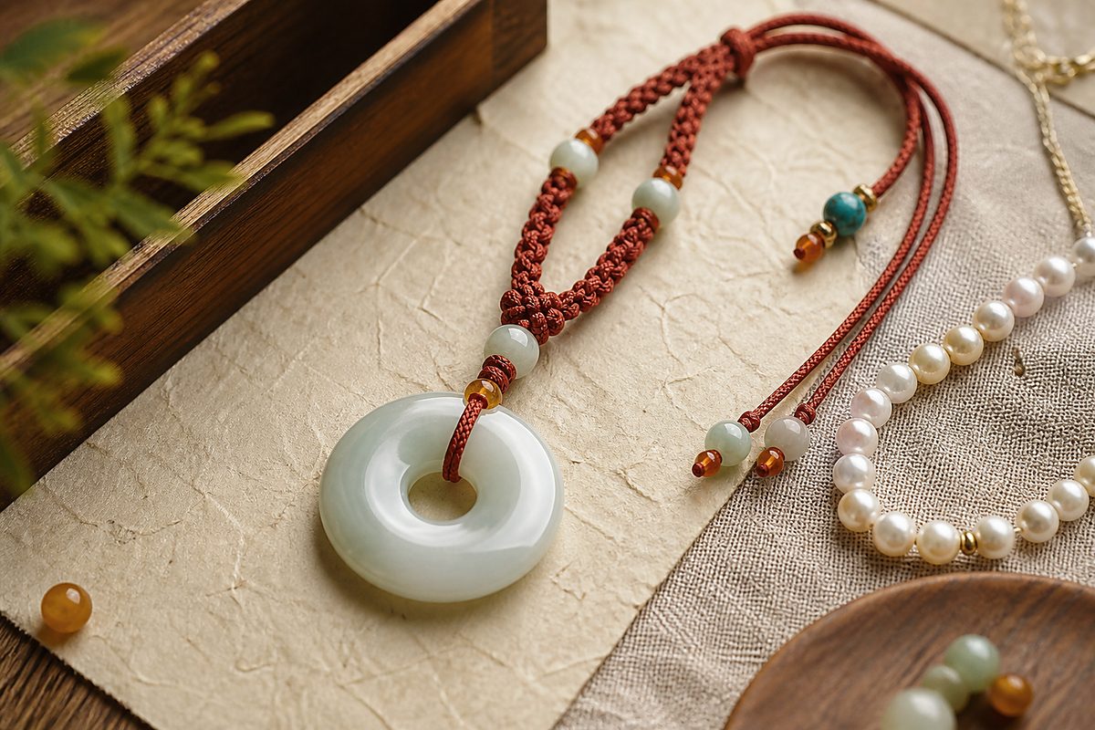 Jade peace buckle with hand braided red cord, jade beads, amber, turquoise, and pearl strand