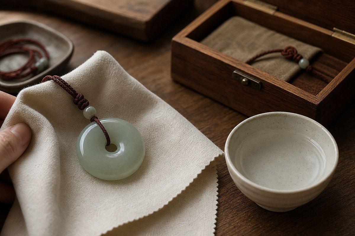 Jade Ping An Kou peace buckle on soft cleaning cloth beside water bowl and wooden storage box