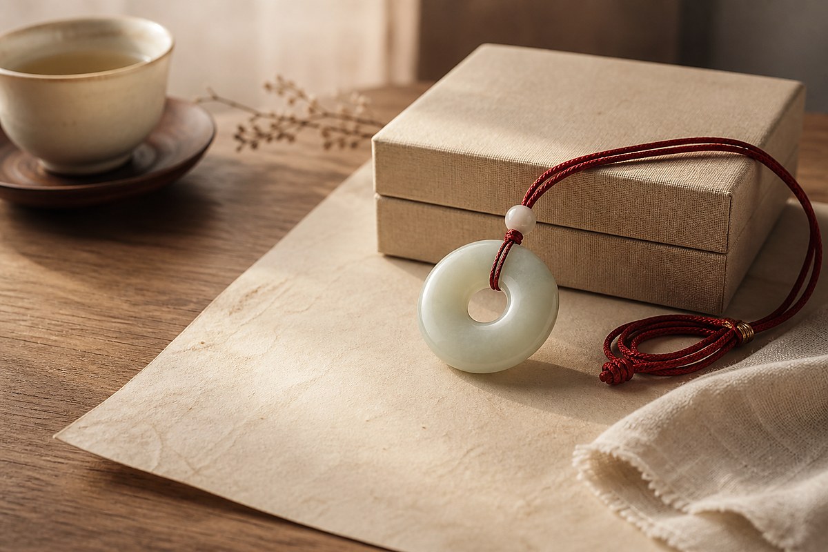 Jade Ping An Kou peace buckle beside folded red cord and neutral gift box on warm parchment