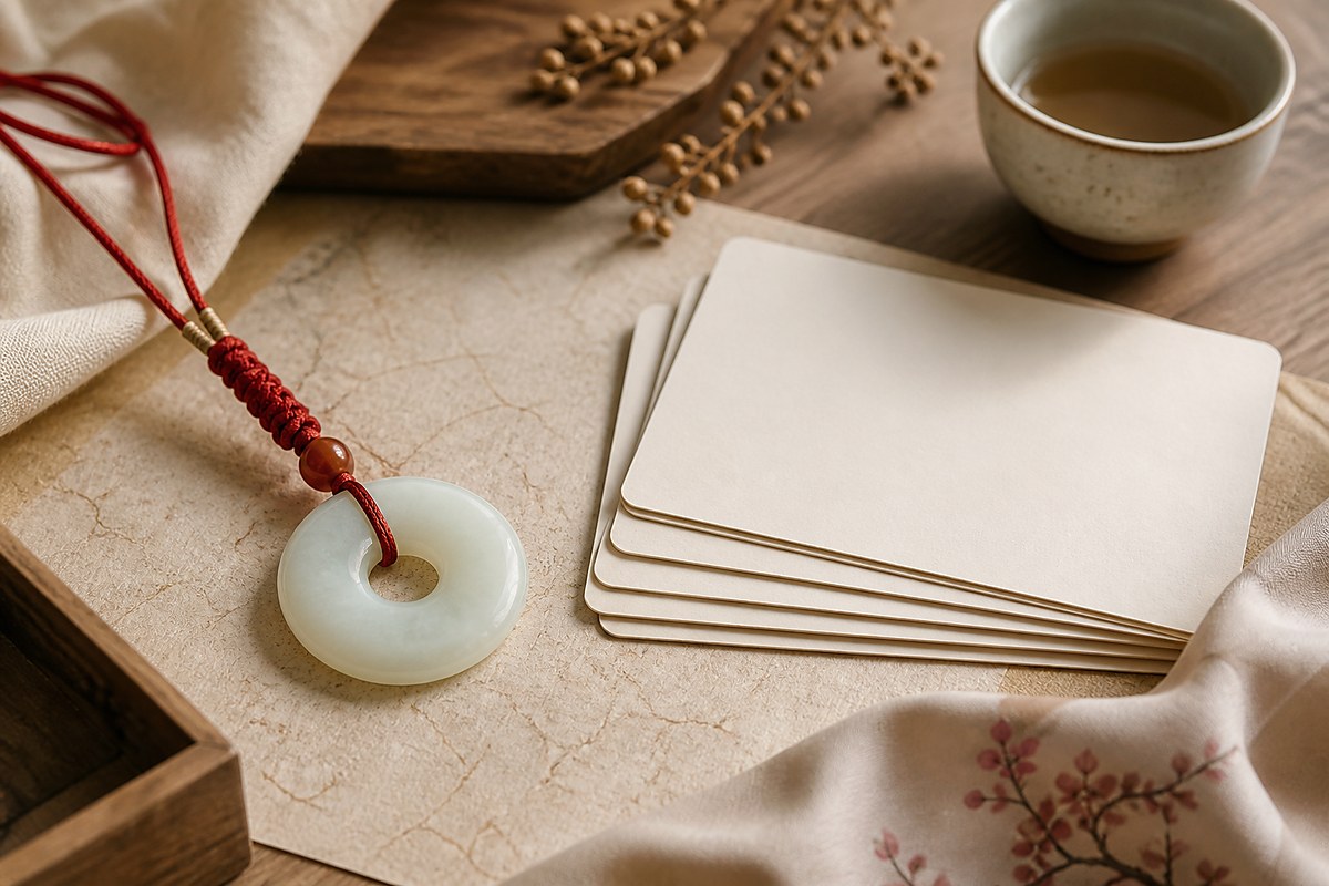 Jade Ping An Kou peace buckle with blank note cards, ceramic tea cup, and red cord