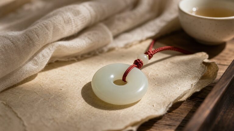 Hetian jade Ping An Kou peace buckle pendant with red cord on warm parchment