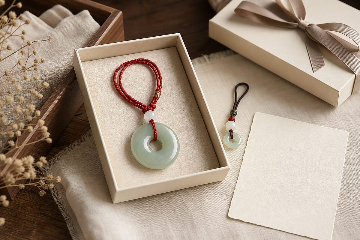 Jade Ping An Kou peace buckle in a neutral gift box with red cord and blank note card