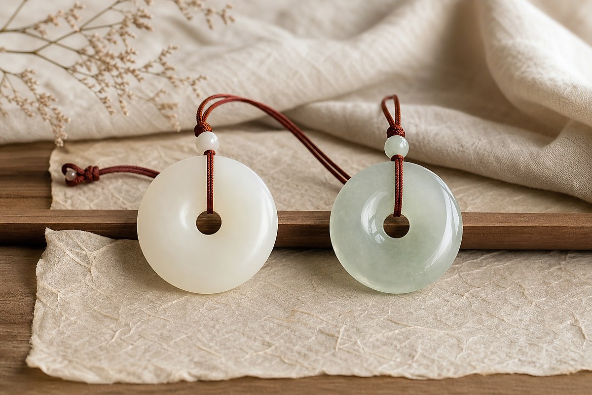 Hetian jade and jadeite Ping An Kou peace buckle pendants compared on warm parchment